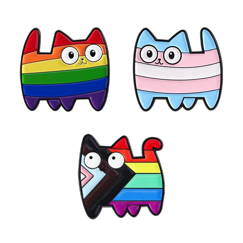 LGBT Pride Rainbow Striped Cat Brooch Enamel Pins Cute Cartoon Big Eye Kitten Brooch Lapel Badge Animal Jewelry Gift for Friends Quick Pick Grocers
