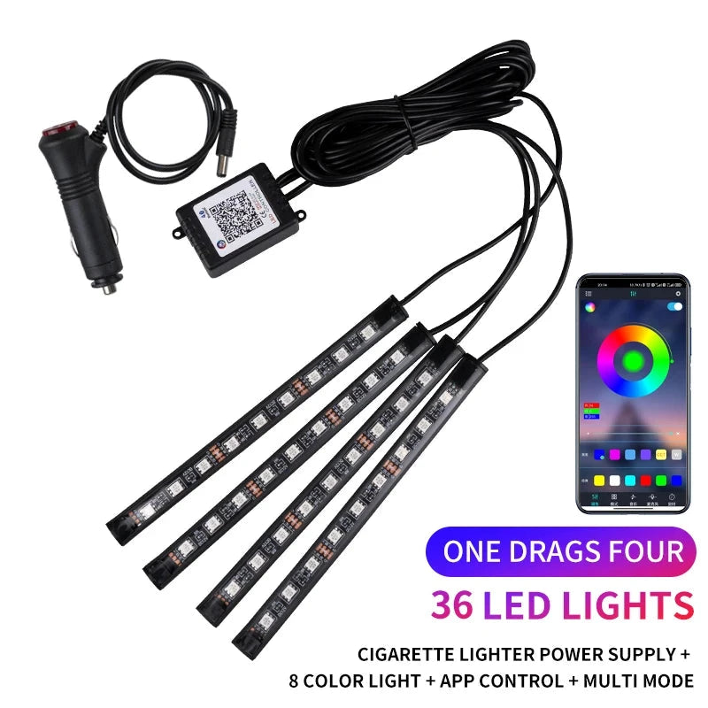 Neon LED Car Interior Ambient Light Kit – RGB Foot Strip Lighting with APP & Remote Control, Music Sync Car Decor Lamp Econic Blanks