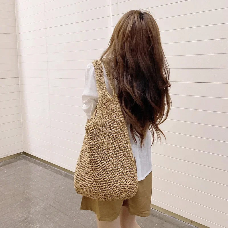 French Style Large Capacity Woven Straw Woven Bag for Women New Beach Vacation Shoulder Bag Casual Commuting Tote Bag Purse Quick Pick Grocers