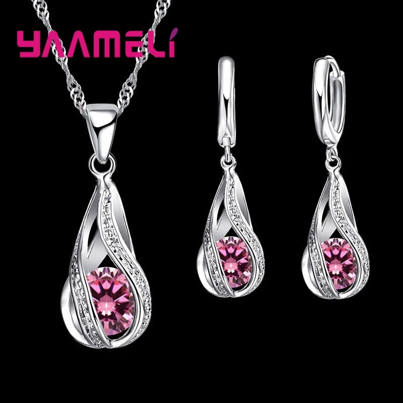 Hot Water Drop CZ 925 Sterling Silver Plated Jewelry Set For Women Pendant Necklace Hoop Earrings Wedding Party Ceremoey Anel Quick Pick Grocers