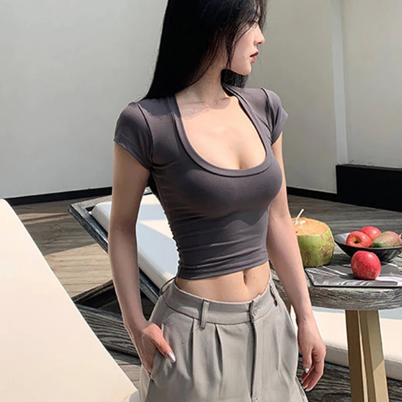 Summer Slim T-Shirt Women Sexy Short Sleeve T Shirt U-Neck Gray Tee Female Solid Basic Black/White Korean Crop Tops Hot Y2k Quick Pick Grocers