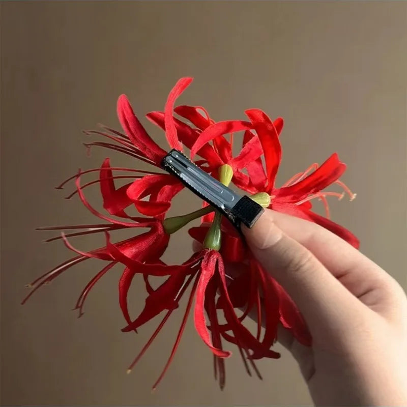 Retro Red Spider Lily Tassel Hair Clip Fabric Flower Hairpin Bride Hairwear Countryside Style Hair Accessories Quick Pick Grocers