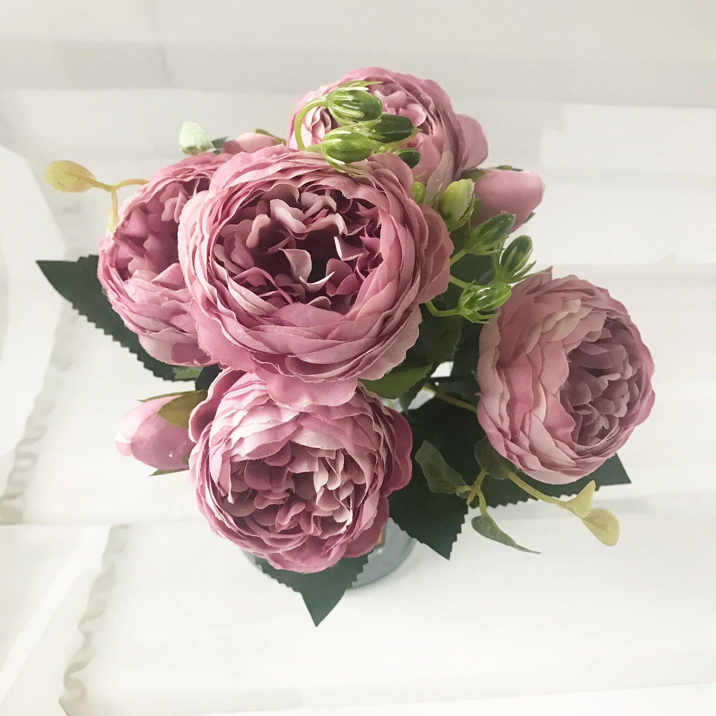 30cm Rose Pink Silk Peony Artificial Flowers Bouquet 5 Big Head and 4 Bud Cheap Fake Flowers for Home Wedding Decoration indoor Quick Pick Grocers