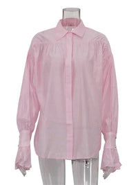 Tossy Casual Loose See-Through Shirts Women's Autumn Lapel Long Sleeve Patchwork Blouse Top Streetwear Female Solid Shirts Top Quick Pick Grocers
