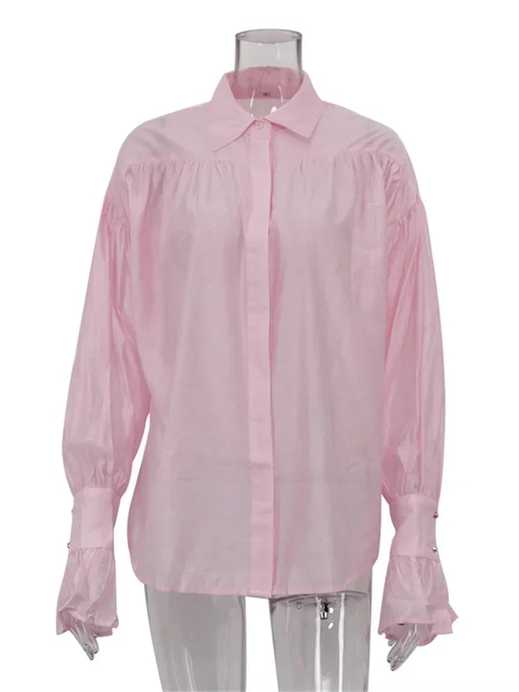 Tossy Casual Loose See-Through Shirts Women's Autumn Lapel Long Sleeve Patchwork Blouse Top Streetwear Female Solid Shirts Top Quick Pick Grocers