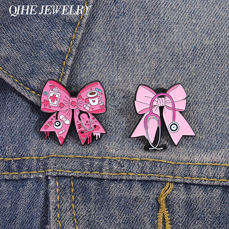 Pink Bowknot Medical Tools Stethoscope Enamel Pins Surgical Gloves Capsule Band Aid Brooches Clothes Lapel Badges Jewelry Gift Quick Pick Grocers
