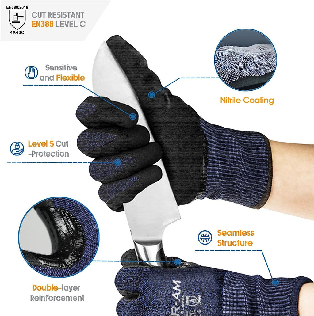 Level 5 Cut-Resistant Gloves, Firm Non-Slip Grip, Heavy Duty Work, Durable & Breathable Nitrile Foam Coated, Touchscreen Quick Pick Grocers