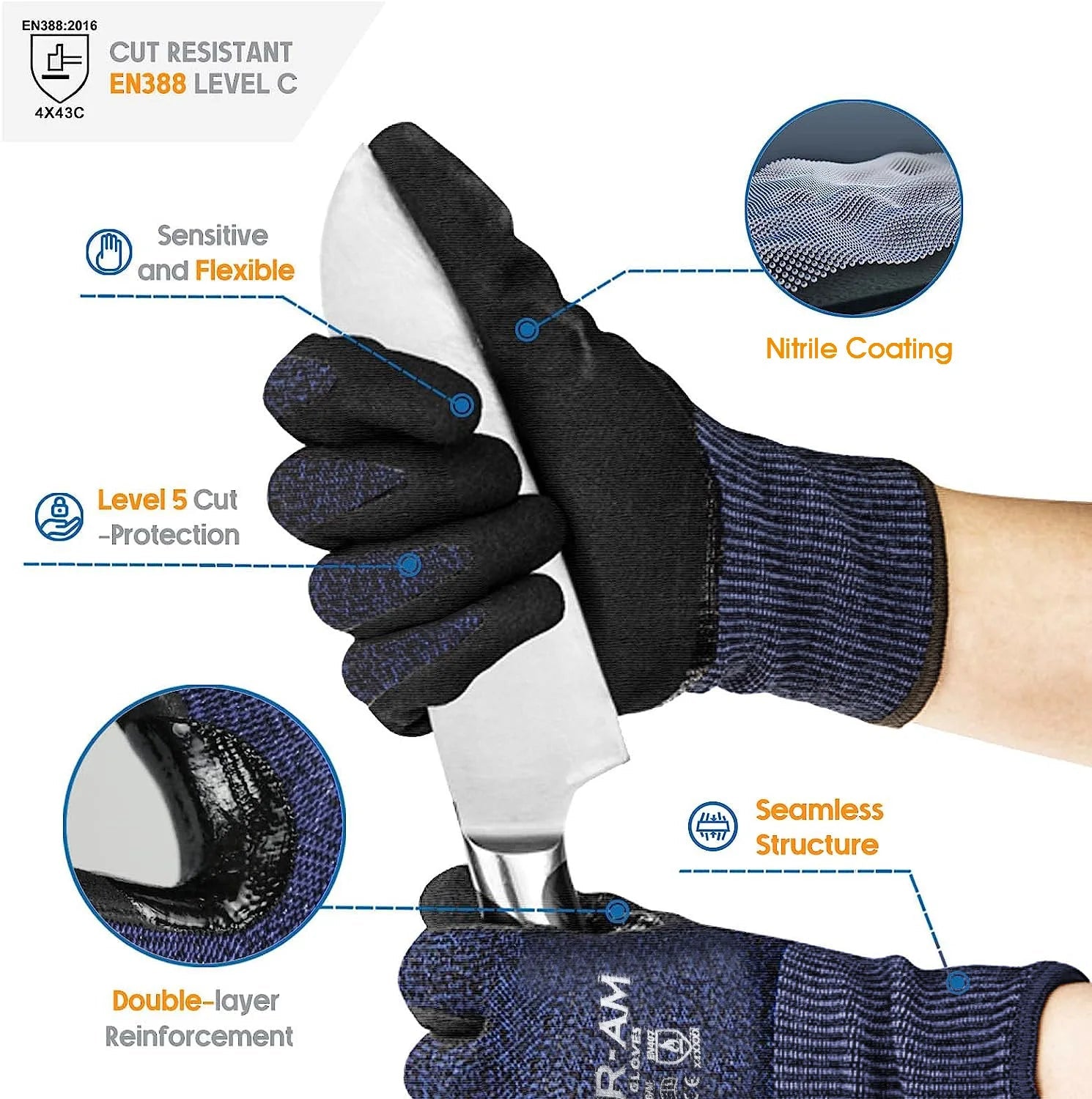 Level 5 Cut-Resistant Gloves, Firm Non-Slip Grip, Heavy Duty Work, Durable & Breathable Nitrile Foam Coated, Touchscreen Quick Pick Grocers