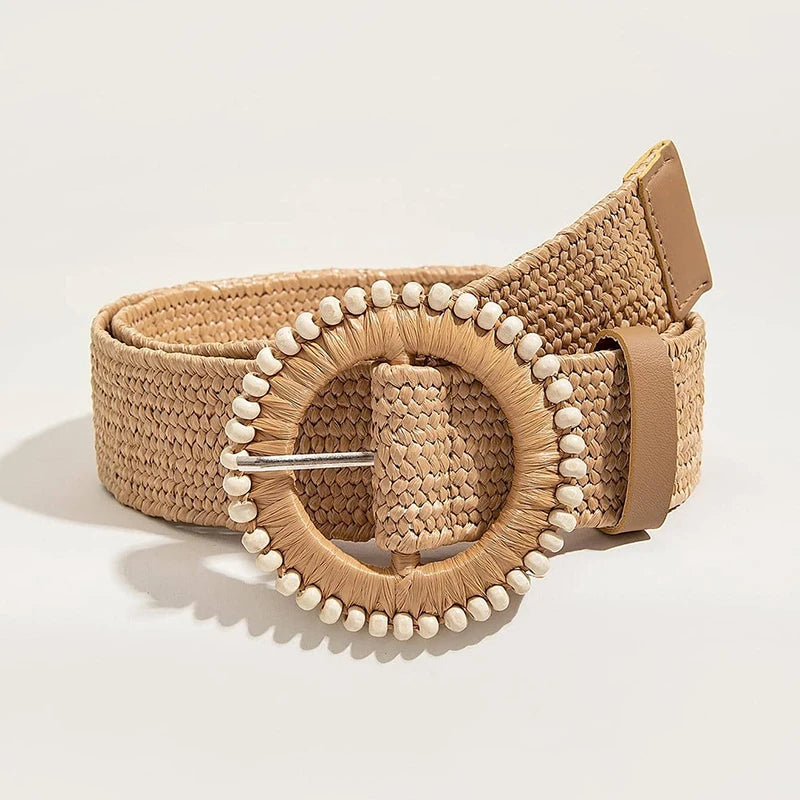 1pc Women Round Buckle Boho Straw Belt For Beach Ellipse Buckle Bead Decor Bohemian Woven Belt For Holiday Quick Pick Grocers