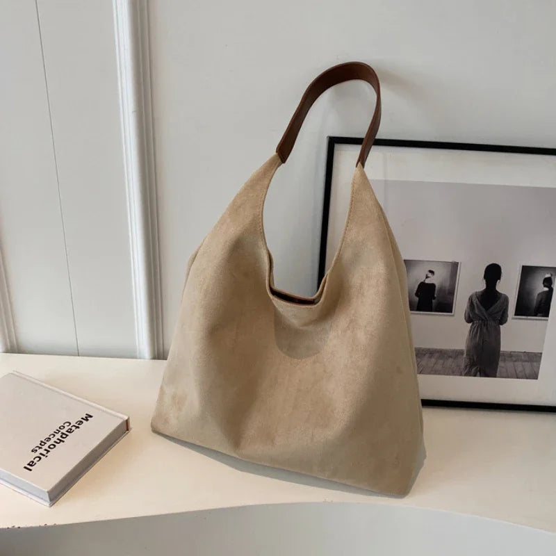 Autumn and Winter Vintage Women's Bag Large Capacity Suede Shoulder Bag Solid Color Simple Casual Commuter Bag Retro Handbags Quick Pick Grocers