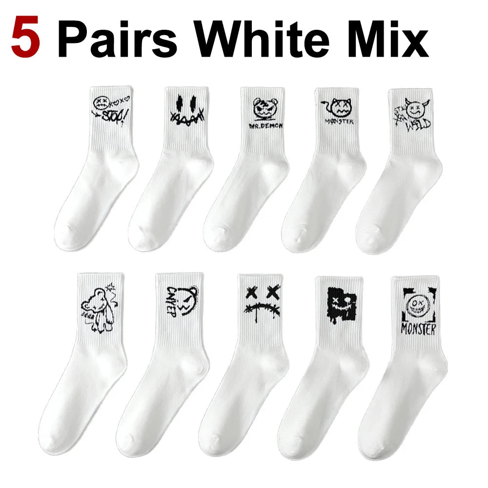 5/10 Pairs Men Women Graffiti Printed socks Street Style Soft Comfortable Sweat Absorbing Breathable Couple Sports Leisure Socks Quick Pick Grocers