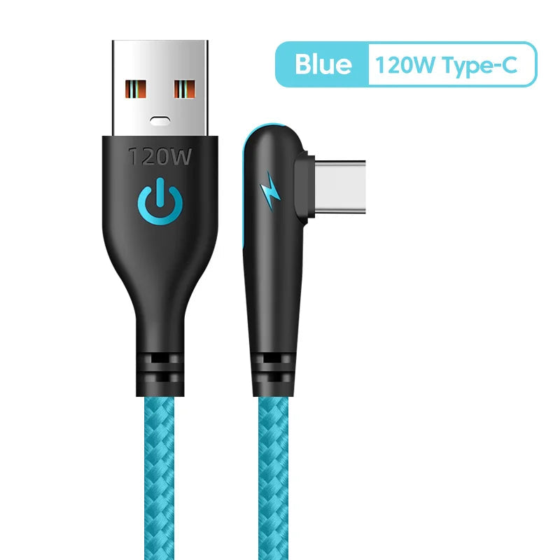 120W USB To Type-C Cable 90 Degree Elbow Mobile Phone Fast Charging For Huawei Mate 40 30 Xiaomi Samsung Phone Charging Cord Quick Pick Grocers