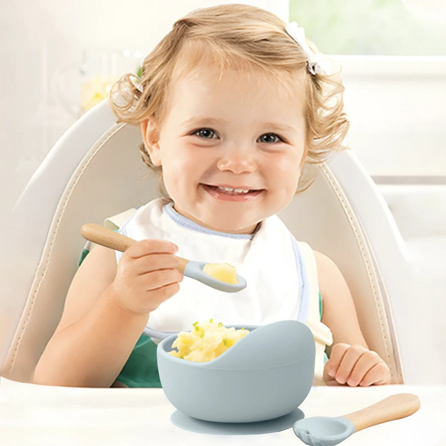 Mamaplan 3PCS Baby Silicone Feeding Set Toddler Suction Bowl Feeding Training Spoon Fork Baby Dishes Plate Baby Accessories Purest Peak