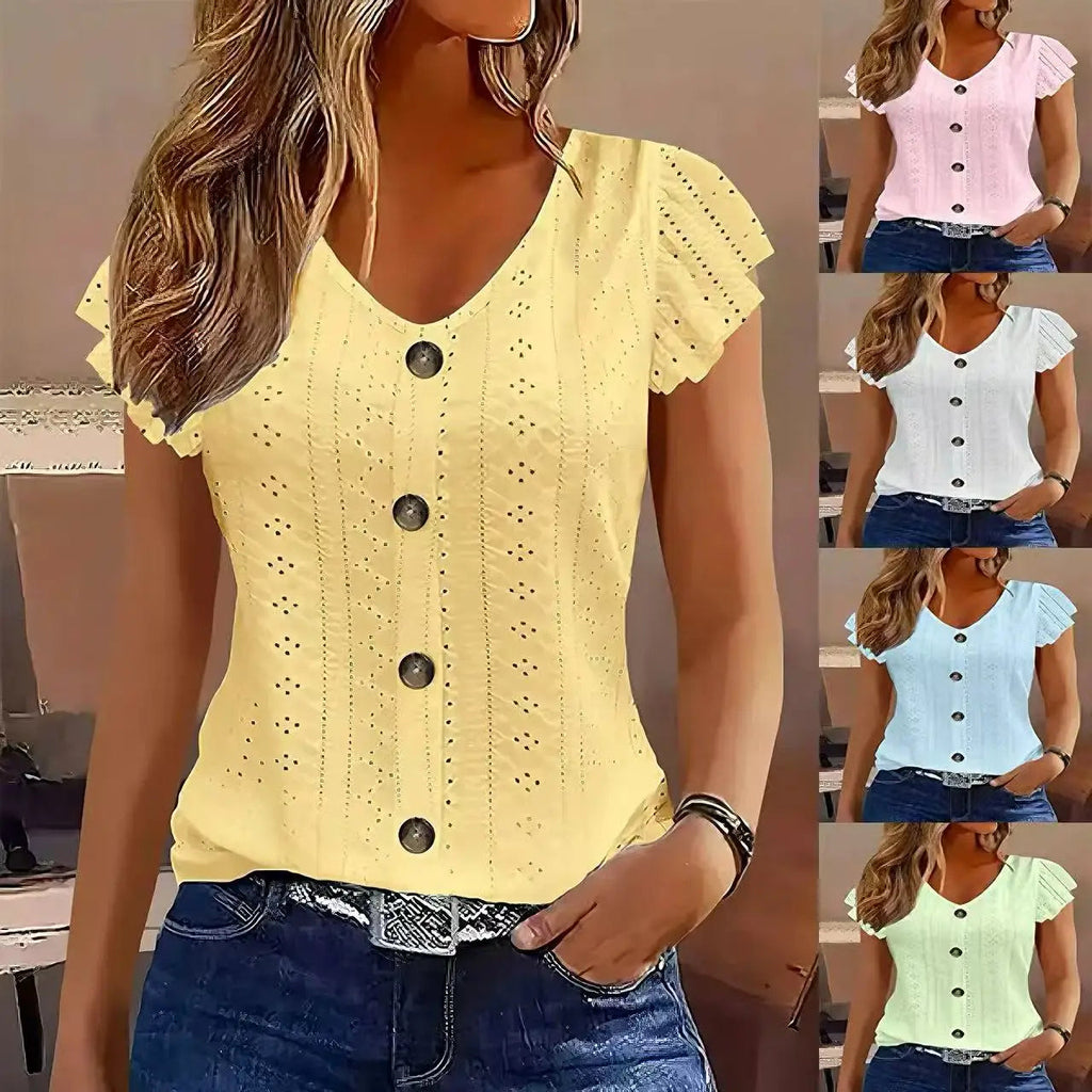 2025 Spring/Summer new women's fashion stylish commute casual solid color multi-color ruffle sleeve V-neck T-shirt Quick Pick Grocers