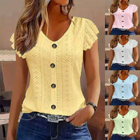 2025 Spring/Summer new women's fashion stylish commute casual solid color multi-color ruffle sleeve V-neck T-shirt Quick Pick Grocers