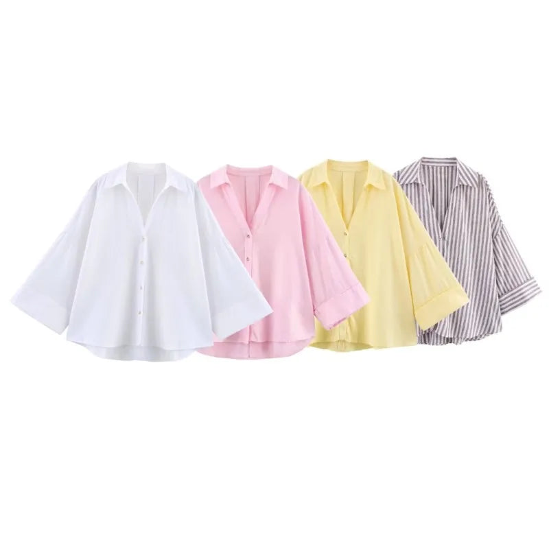 HipSeam Wide Sleeved Shirt Women Spring Asymmetric Hem Button Women's Shirts Simple Lady Johnny Collar Shirts & Blouses Quick Pick Grocers