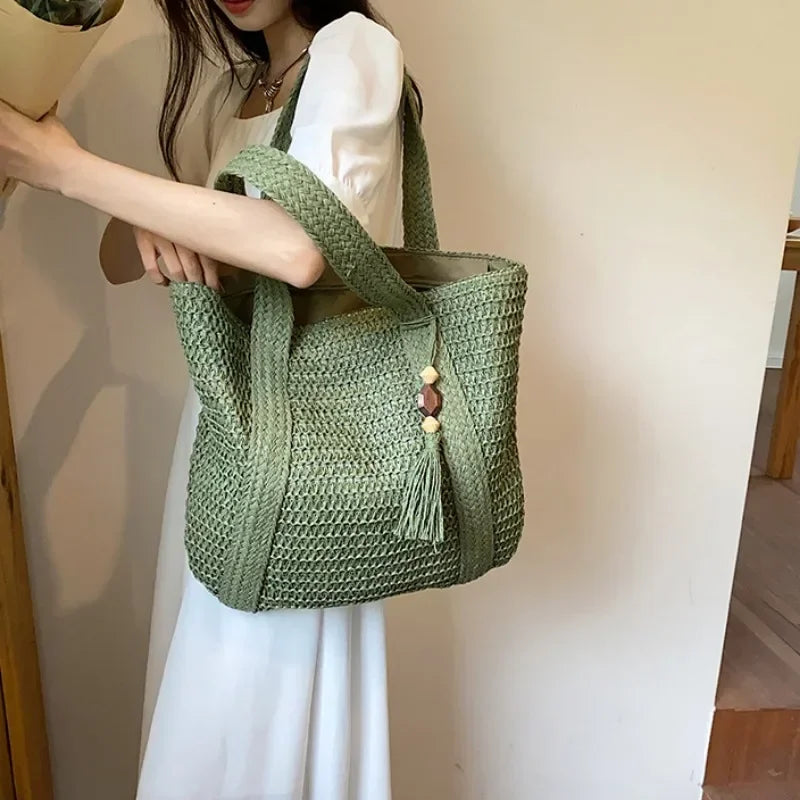 Elegant Ladies Straw Woven Handbag Women Holiday Beach Commute Casual Tote Top-Handle Bags Fashion Retro Shoulder Bags 2024 Quick Pick Grocers