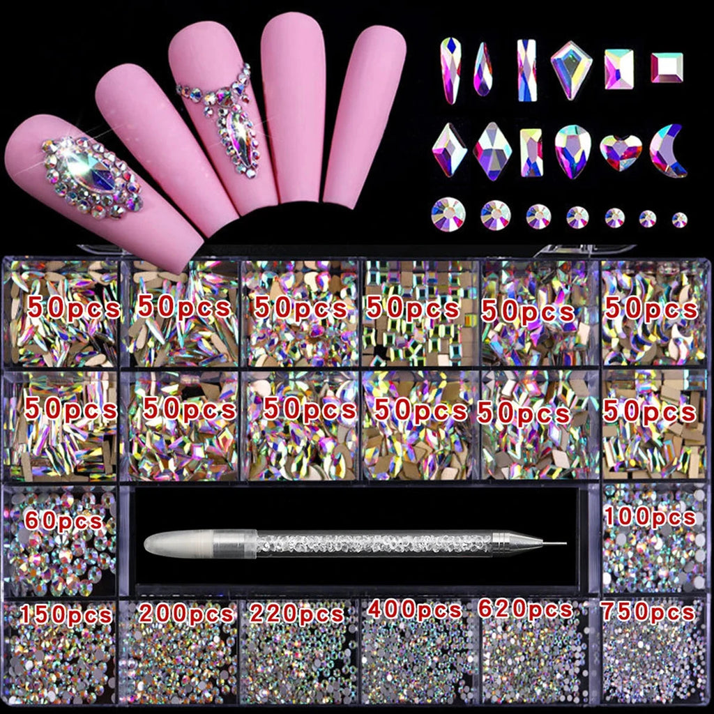 21 grid nail art diamond flat bottom glass diamond multi-style special-shaped diamond shiny nail rhinestone DIY nail art jewelry Econic Blanks