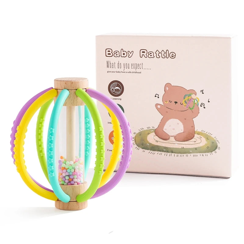 Baby Rattle Toy Wooden Rain Drum With Silicone Baby Sensory Touch Toy Newborn Dental Care Gum Anti-eating Hand Molar Stick Gif Purest Peak