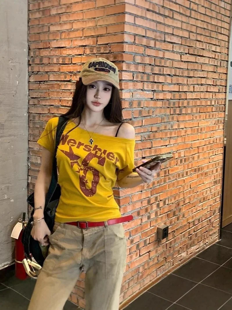 Y2k Sport Summer Off shoulder Top Women Sexy Vintage 2000s Short sleeve T shirt Lady Body Basic Crop Top Female Casual Quick Pick Grocers
