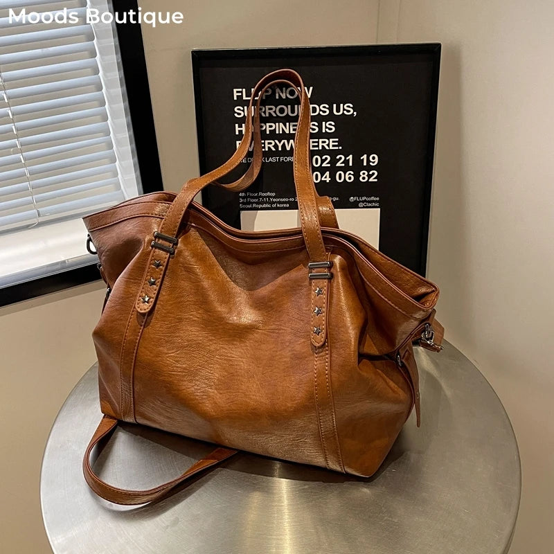 MOODS Large Sized Tote Bags For Women Soft PU Leather Pure Color Large Capacity Shopper Shoulder Crossbody Bag Quality Handbags Quick Pick Grocers