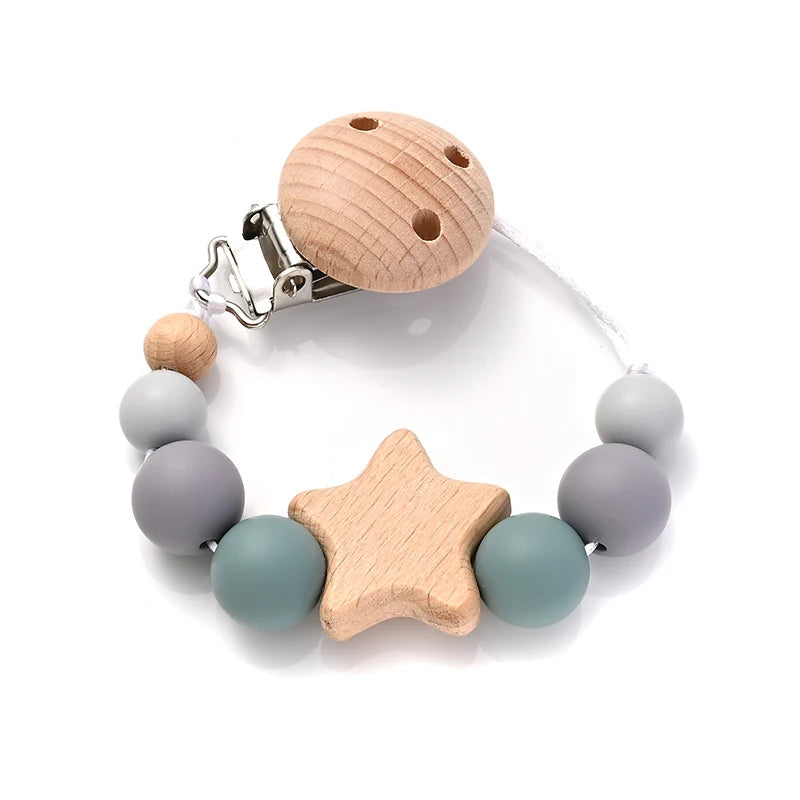 Baby Pacifier Chain Clips Wood Pentagram Teether Silicone Round Beads Teething Chain For Baby Care Soother Chew Toys Shower Gift Purest Peak