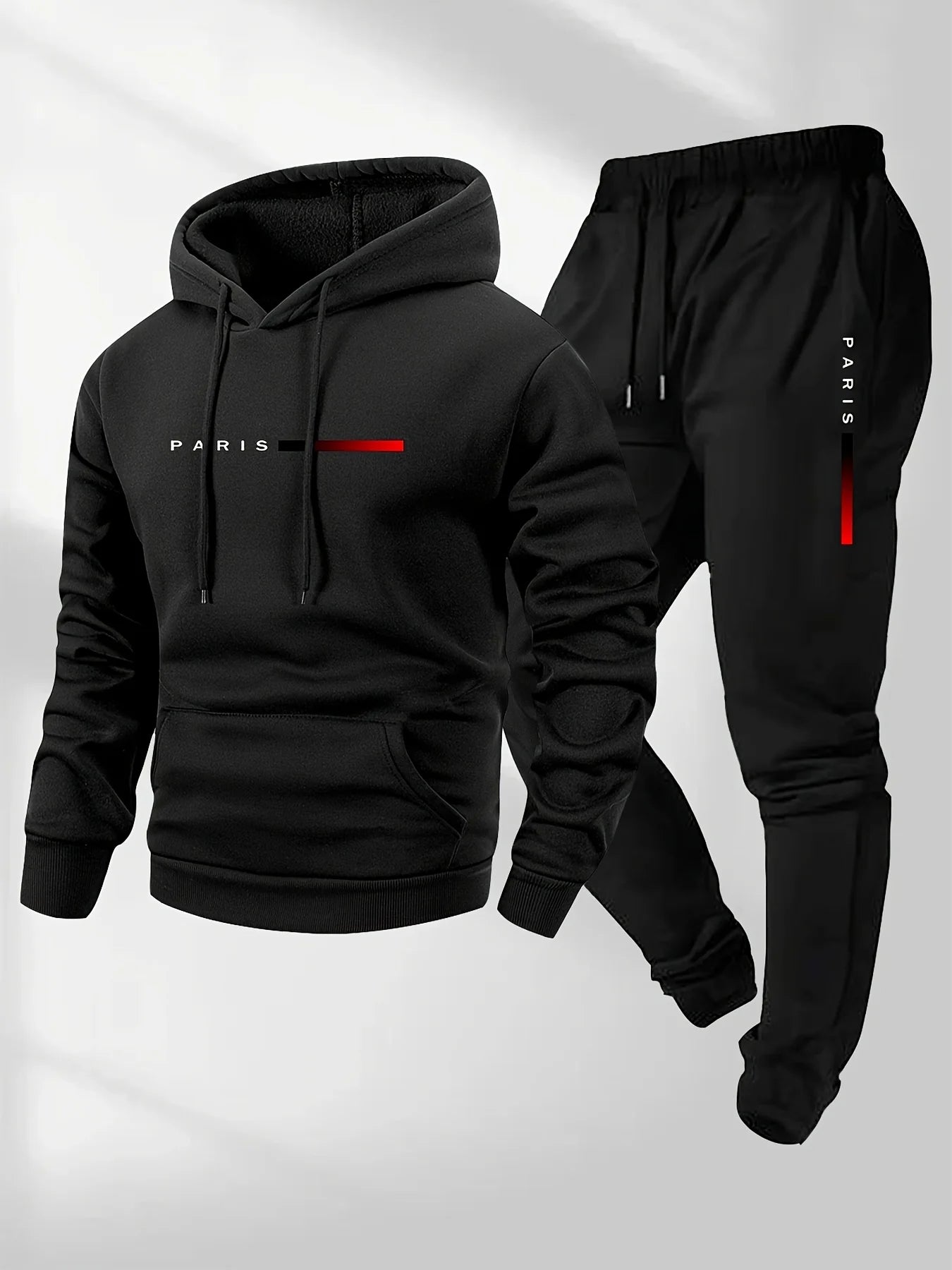 PARIS Letter Print Sweatshirt Suit Men's Fleece Hoodie Pants Set Spring Autumn Winter Warm Casual Sports Pullover Trousers Sets Quick Pick Grocers
