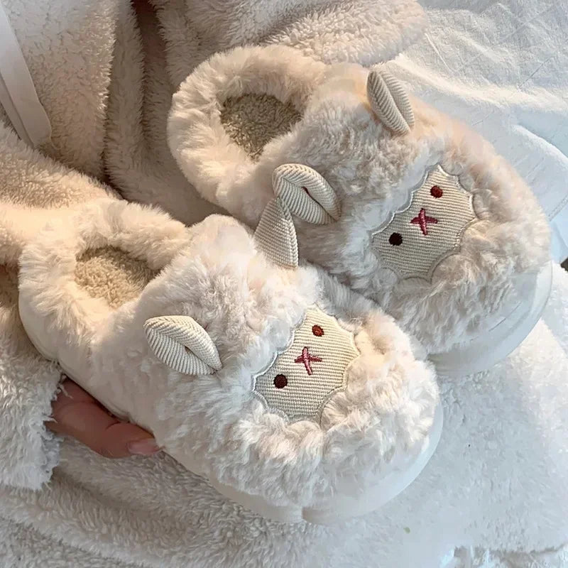 Winter Cartoon Plush Slippers Warm Fluffy Faux Fur Sheep Design Indoor Home Couple Cotton Slippers for Men And Women Purest Peak