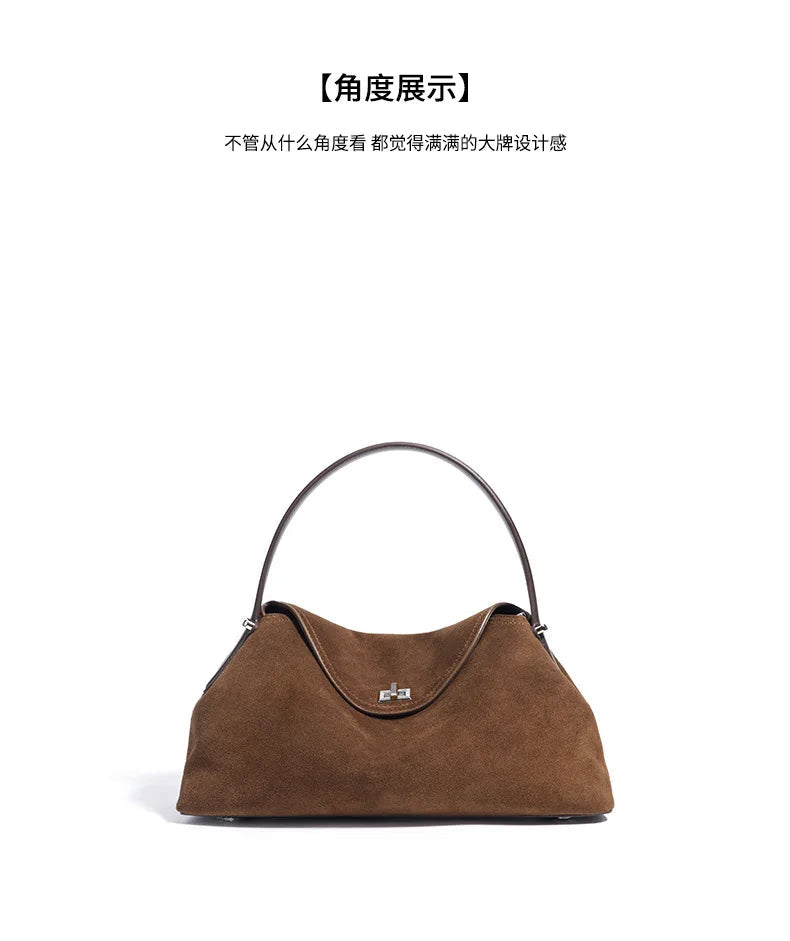 2026 Autumn Winter All-match Bowling Tote All-match Matte Suede Cowhide Leather Women Shoulder Bag Coffee Purple Noble Handbag Quick Pick Grocers