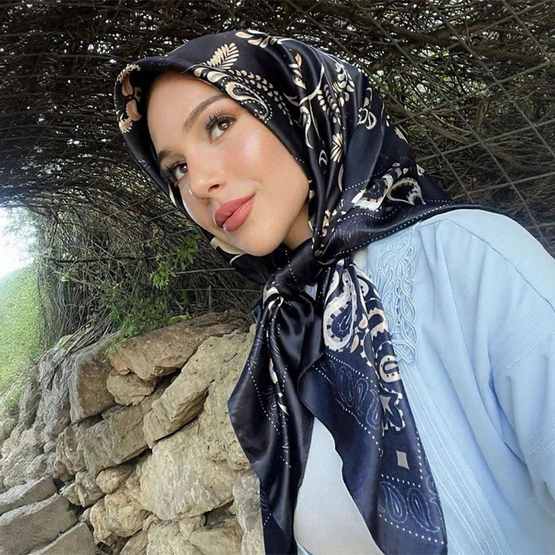 Satin Square Scarf Women Muslim Hijab Elegant 2025 Print Silk Neckerchief Shawl Wraps Headband Handle Hair Accessories Bandana Econic Blanks