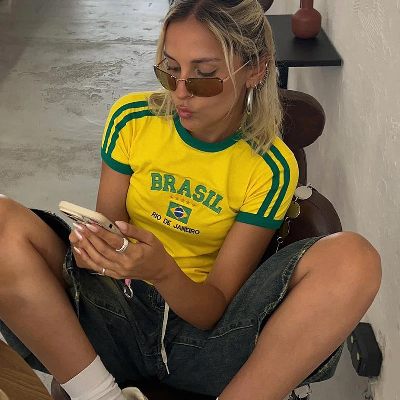 2023 Summer T-shirt For Women Brazil Letter Aesthetic 90's Crop Tops Casual Short Sleeve Tee Kpop Streetwear Vintage Y2k Clothes Quick Pick Grocers