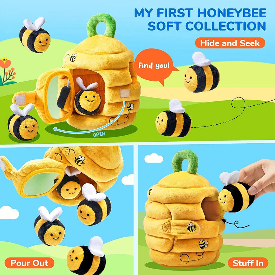 Baby Toys 6-12 Months Soft Baby Beehive with 5 Sensory Bee Rattle Mirror Crinkle Squeaker Busy Montessori Soft Toy for Toddlers Purest Peak