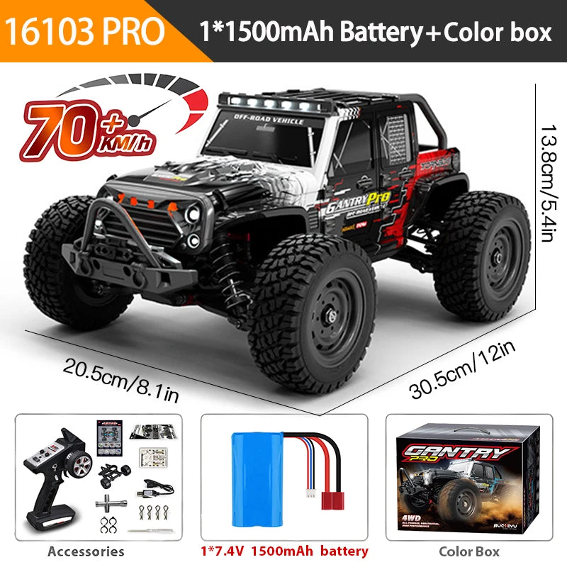 16103PRO 2.4GHz 70KM/H Professional RC Car: Brushless Motor, 1:16 Scale 4WD High-Speed Off-road Climbing Vehicle Wtith LED Light Econic Blanks