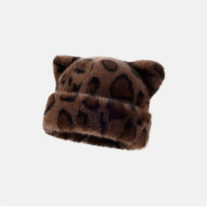 Leopard print plush teddy bear hat for women, sweet and cute, thick and warm, retro and versatile, hooded beanie. Purest Peak