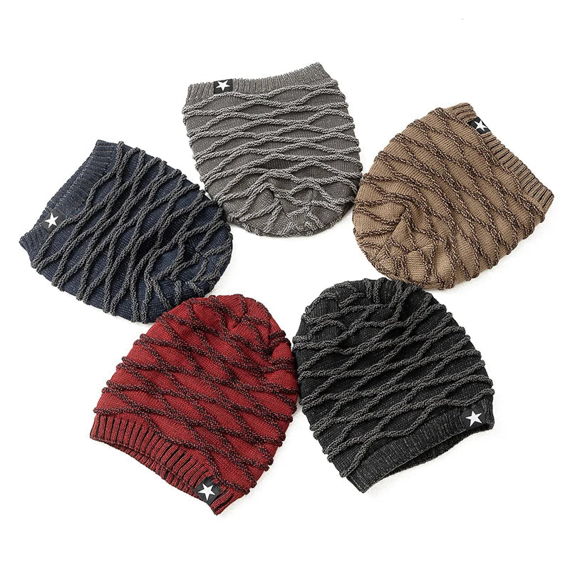 New Unisex Slouchy Winter Hats Add Fur Lined Men And Women Warm Beanie Cap Casual Five-pointed Star Decor Winter Knitted Hats Purest Peak
