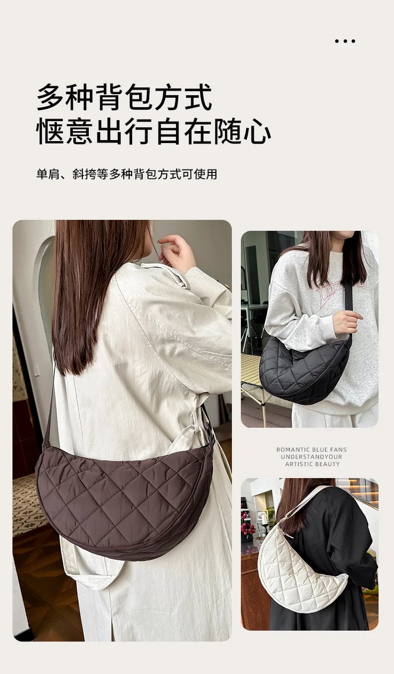 Waist Half Moon Belt Bag Solid Color Crossbody Bag Large Capacity Shoulder Bags Portable Nylon Plaid Travel Bags for Commuting Quick Pick Grocers