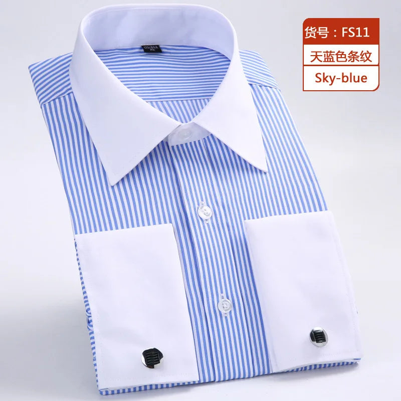 Men's Classic French Cuffs Social Dress Shirt Formal Business Standard-fit Long Sleeve Wedding Party Office Work White Shirts Quick Pick Grocers