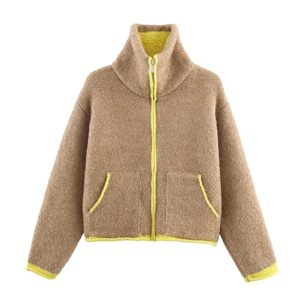 2025 Winter New Product Women's Lazy Style Loose Contrasting Color Decorative Layer Knitted Pilot Jacket Coat Quick Pick Grocers