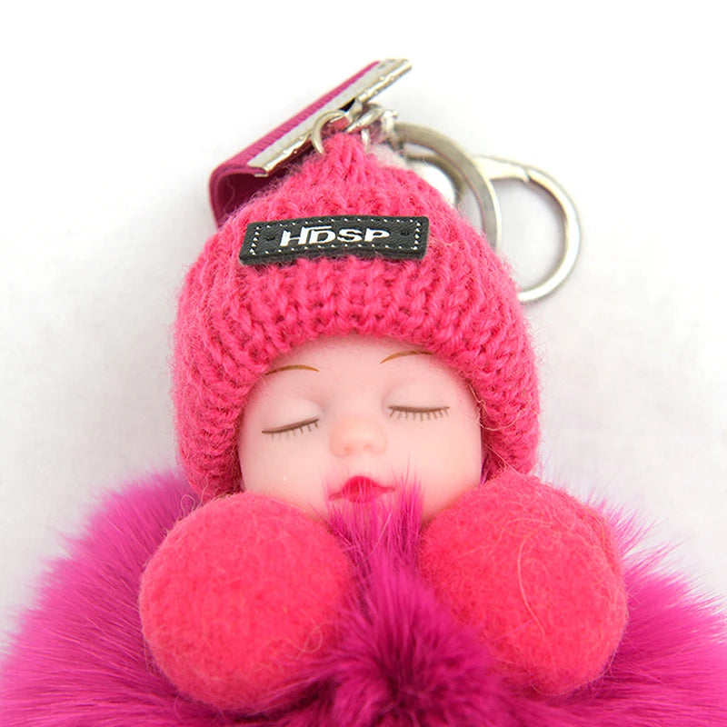 Pompom Sleeping Baby Keychain Cute Fluffy Plush Doll Keyholder Women Girl Bags Keyrings Cars Key Ring Gift Charming Decoration Quick Pick Grocers