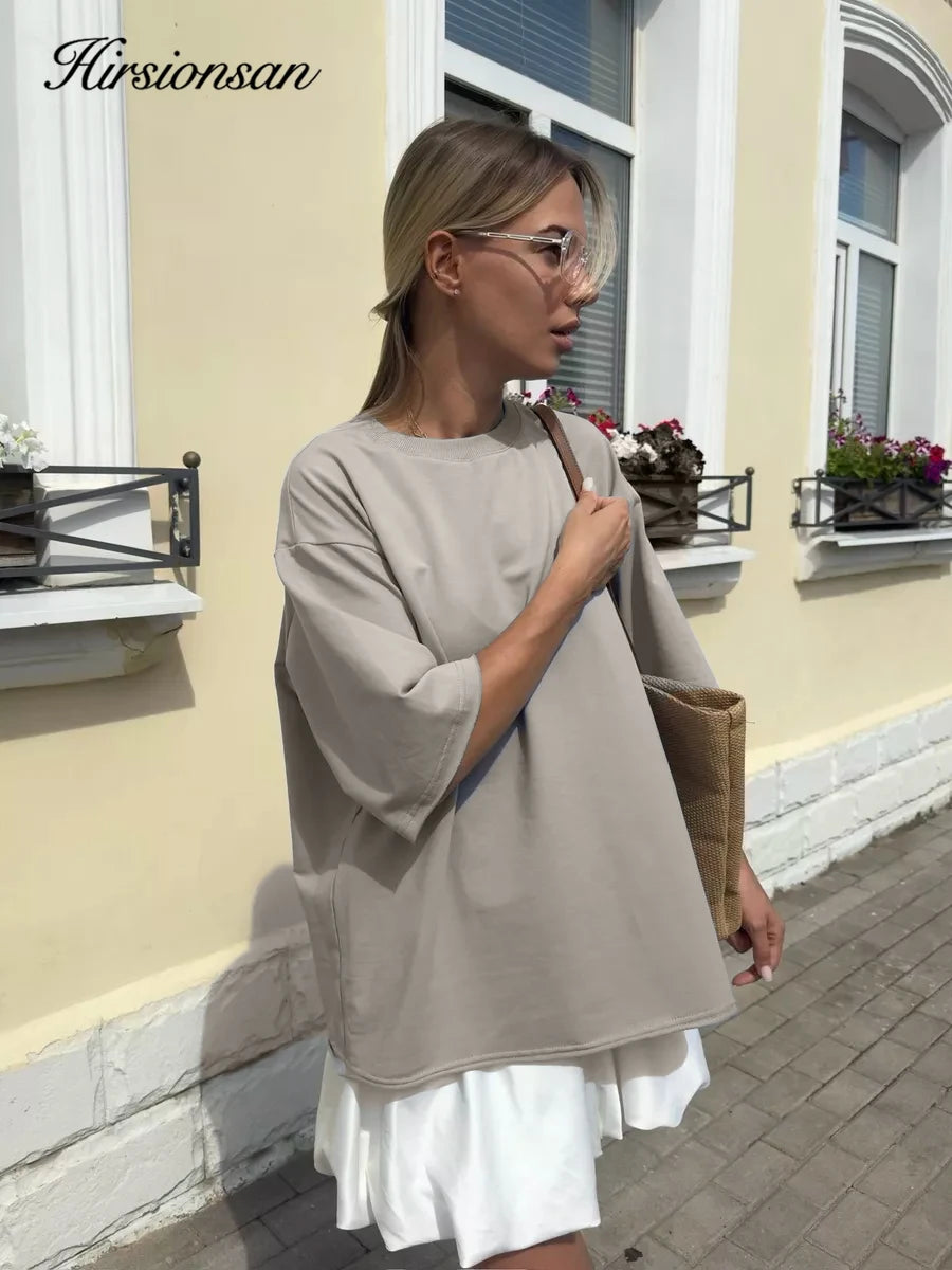 Hirsionsan Summer Casual Oversized T-shirts Women 100% Cotton Pink Loose Tees 2025 New Cusual Solid O Neck Female Aesthetic Tops Quick Pick Grocers