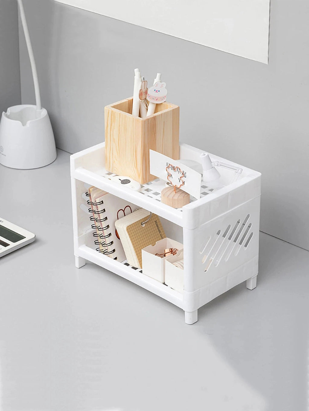 1PC PP Desktop Double Layer Storage Rack Rectangular White Organizing Student Desk Office Cosmetics Stationery Econic Blanks