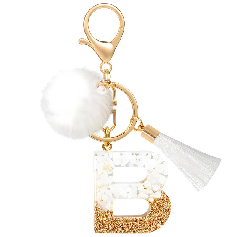 Creative Resin Initials White Fringe Fur Ball Women Keychain A-Z Letter Pendant Handbag Decor Car Key Ring Jewelry Gift Quick Pick Grocers