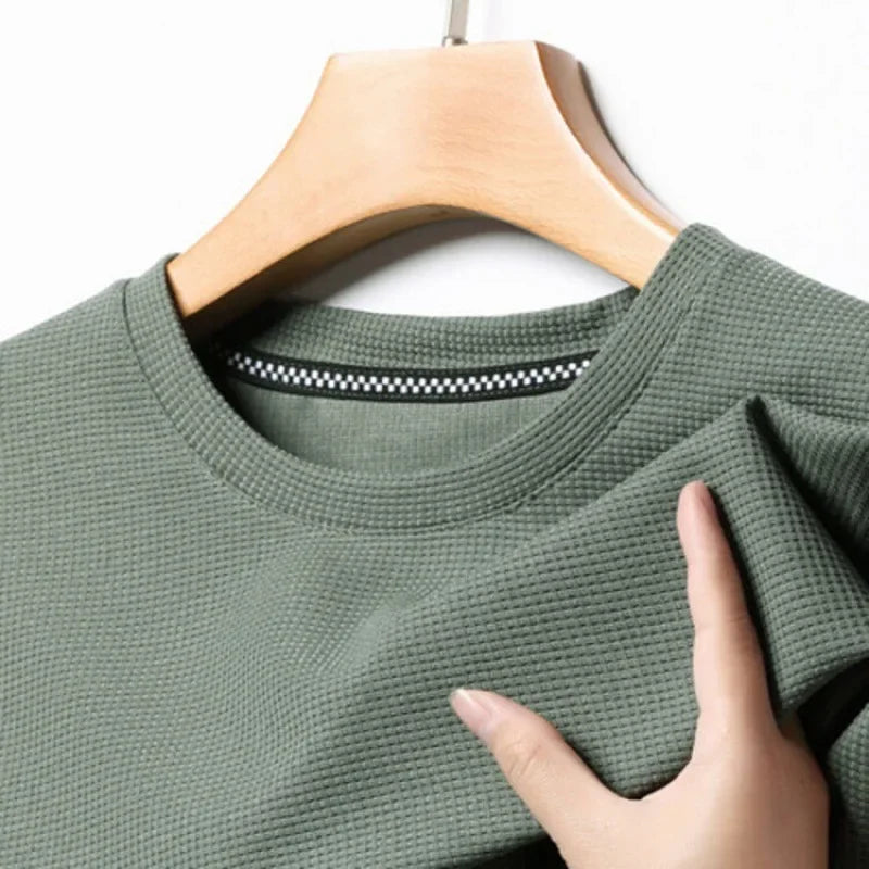 New Summer Waffle Round Neck Short Sleeved T-shirt for Men's Short Sleeved Top Quick Pick Grocers