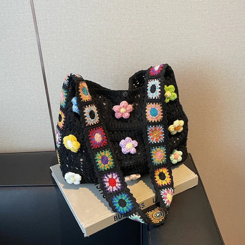 Women's Boho Crochet Bag Designer Flowers Knitted Handbags Large Capacity Summer Beach Woven Shoulder Bag Girls Tote Shopper Bag Quick Pick Grocers