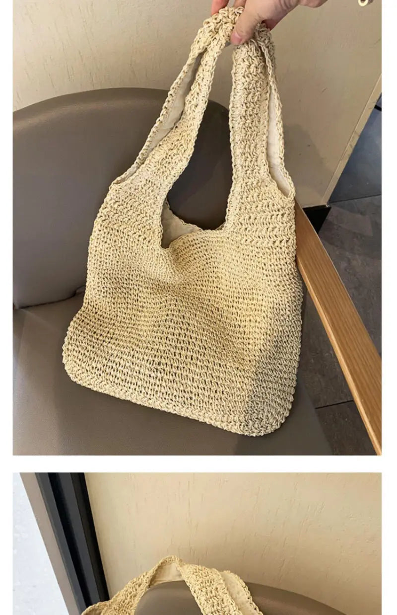 French Style Large Capacity Woven Straw Woven Bag for Women New Beach Vacation Shoulder Bag Casual Commuting Tote Bag Purse Quick Pick Grocers