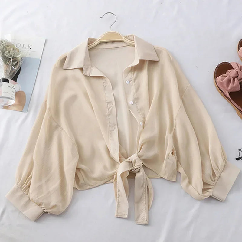 Casual Loose Hollow White Clothes Elegant Solid Color Tied Waist Blouse Women Summer Bat Half Sleeve Button Chiffon Shirt Quick Pick Grocers