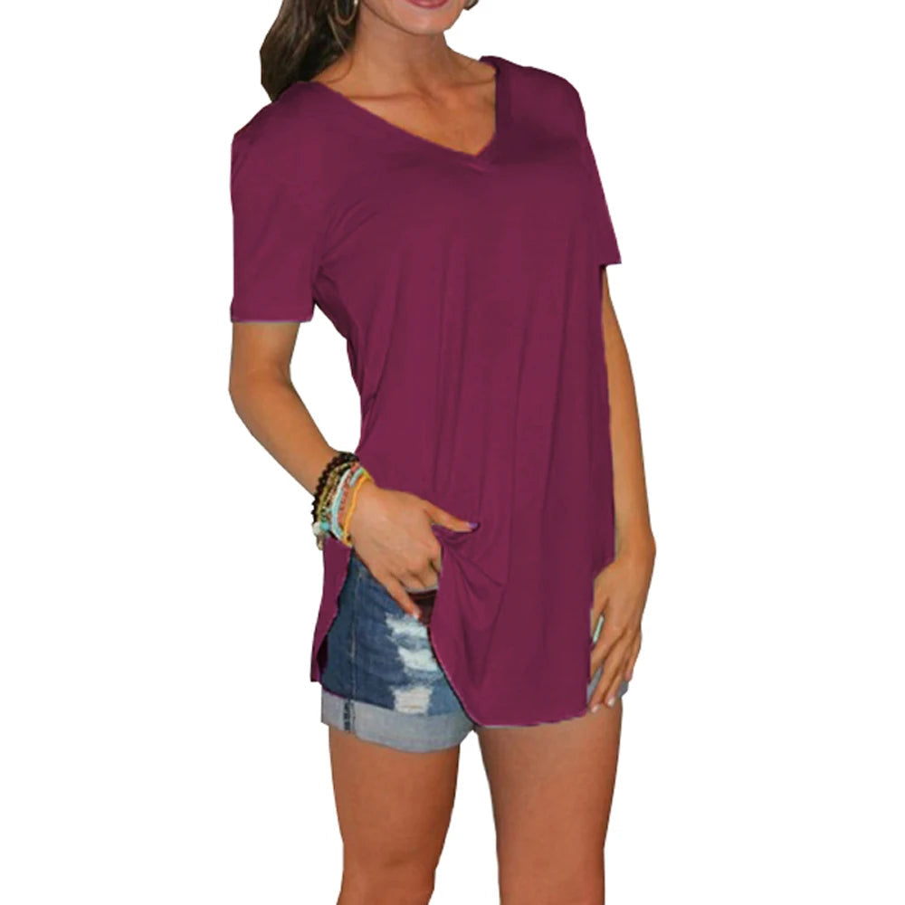 Summer solid color blouse V-neck short sleeve loose T-shirt hem arc women clothes Quick Pick Grocers