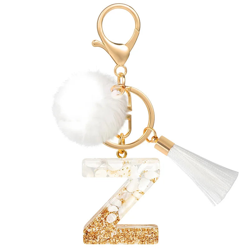 Creative Resin Initials White Fringe Fur Ball Women Keychain A-Z Letter Pendant Handbag Decor Car Key Ring Jewelry Gift Quick Pick Grocers