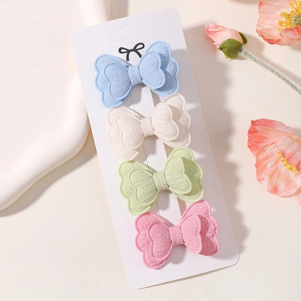 4Pcs/set Candy Colored Hair Clip Set for Girls Double Layered Bow Cute Bangs Hair Pin Cotton Safe Children's Hair Accessories Purest Peak
