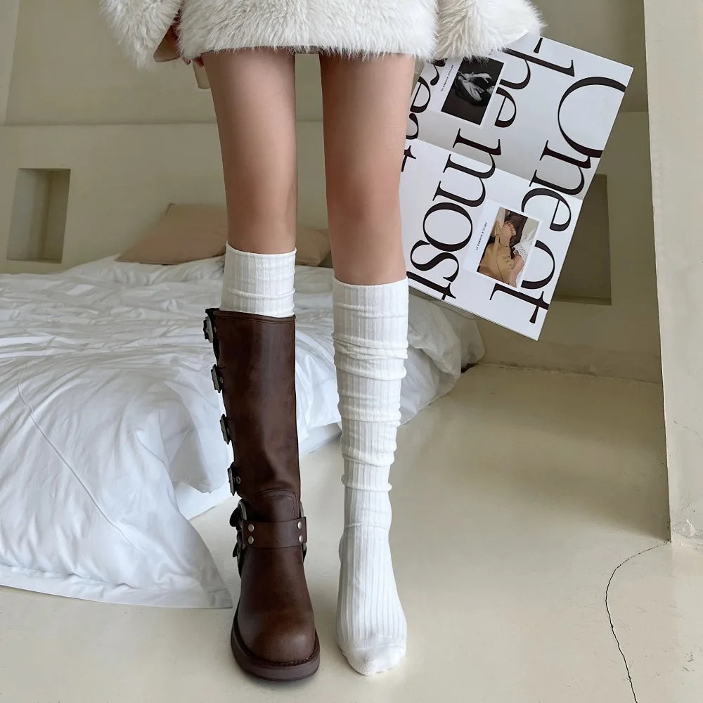 Fashion Pure Cotton Knee-high Socks Solid Color Keep Warm Long Tight Socks Boot Socks Fall Winter Quick Pick Grocers